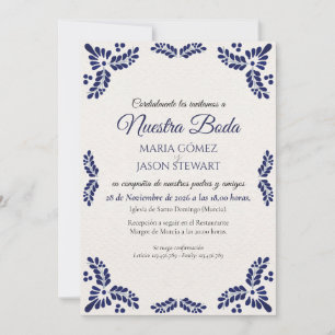 Talavera Blue Floral Minimalist Spanish Wedding Invitation
