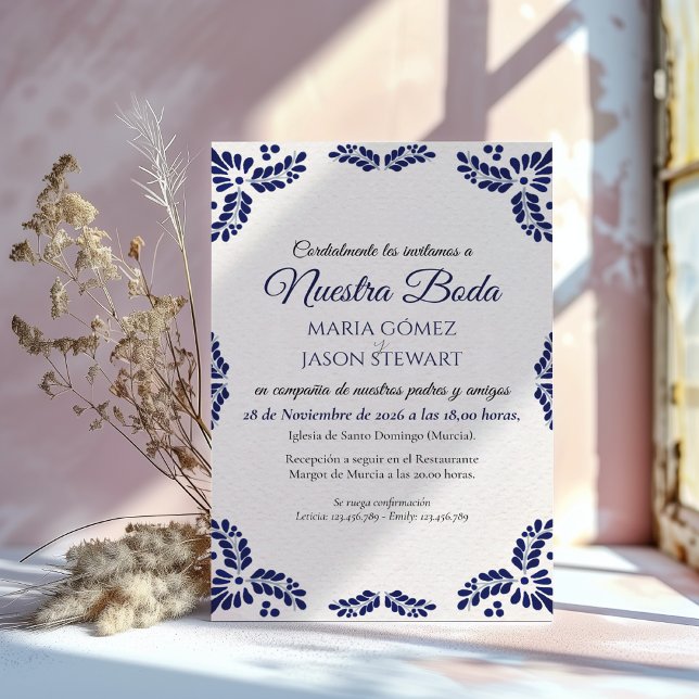 Talavera Blue Floral Minimalist Spanish Wedding Invitation (Talavera Blue Floral Minimalist Spanish Wedding Invitation)