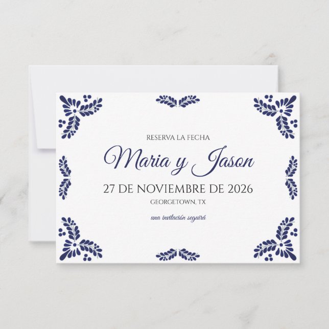 Talavera Blue Floral Minimalist Spanish Wedding Save The Date (Front)