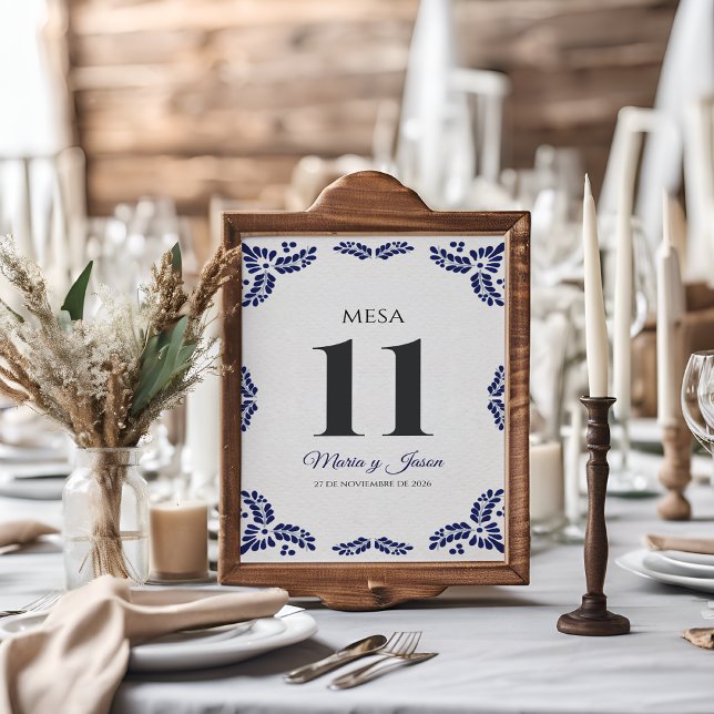 Talavera Blue Floral Minimalist Spanish Wedding Table Number (Talavera Blue Floral Minimalist Spanish Wedding Table Number)