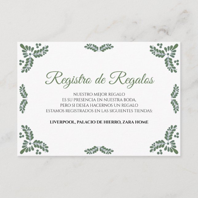 Talavera Green Floral Minimalist Spanish Wedding Enclosure Card (Front)