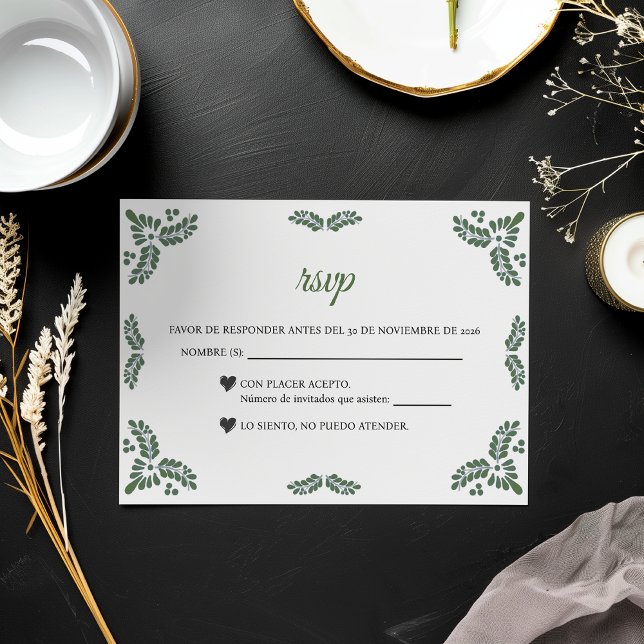 Talavera Green Floral Minimalist Spanish Wedding RSVP Card (Talavera Green Floral Minimalist Spanish Wedding RSVP Card)