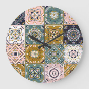 Talavera Indian: Patchwork, Ethnic Mosaic. Large Clock