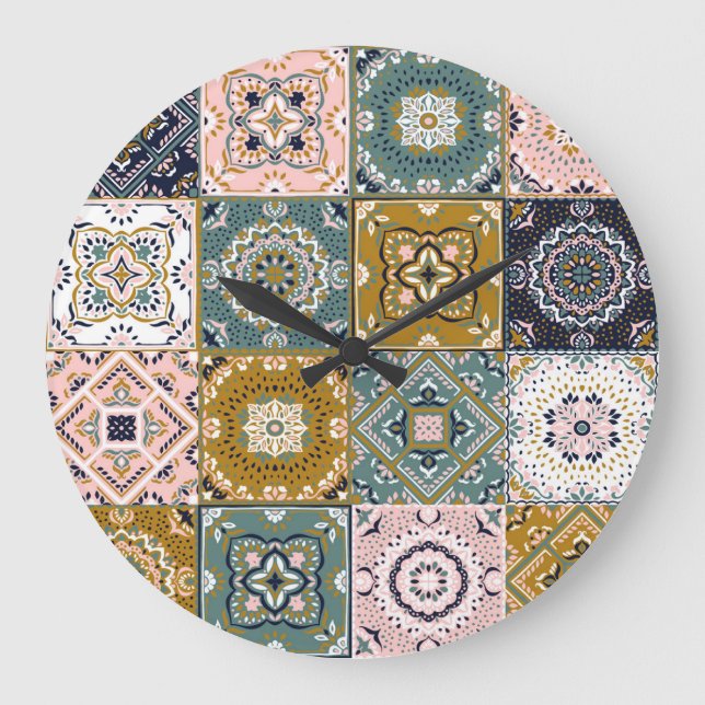 Talavera Indian: Patchwork, Ethnic Mosaic. Large Clock (Front)