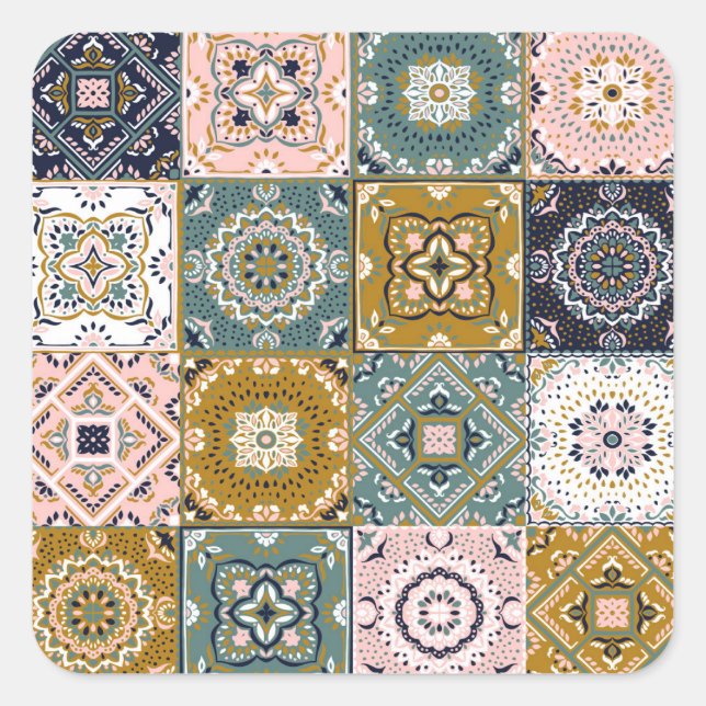 Talavera Indian: Patchwork, Ethnic Mosaic. Square Sticker (Front)