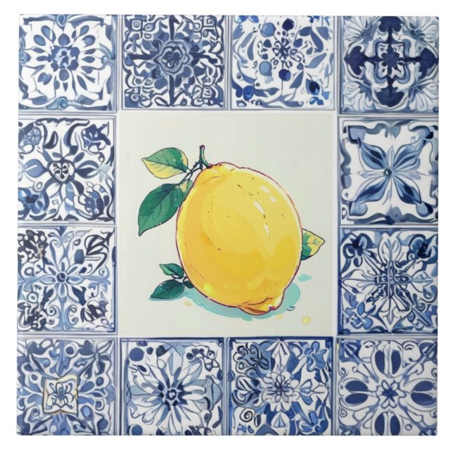 Talavera Lemon - Blue and White Mediterranean Ceramic Tile (Front)
