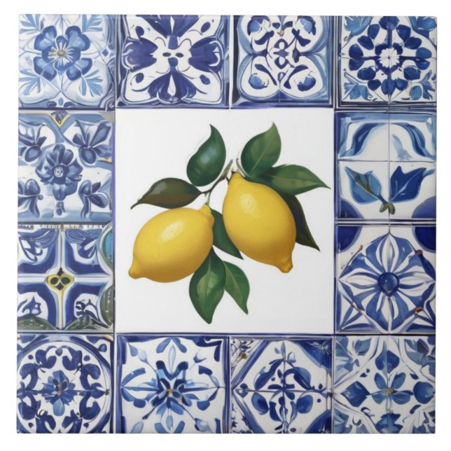 Talavera Lemons - Blue and White Mediterranean Ceramic Tile (Front)