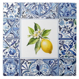 Talavera Lemons Light Blue and White Mediterranean Ceramic Tile