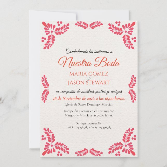 Talavera Orange Floral Minimalist Spanish Wedding Invitation (Front)
