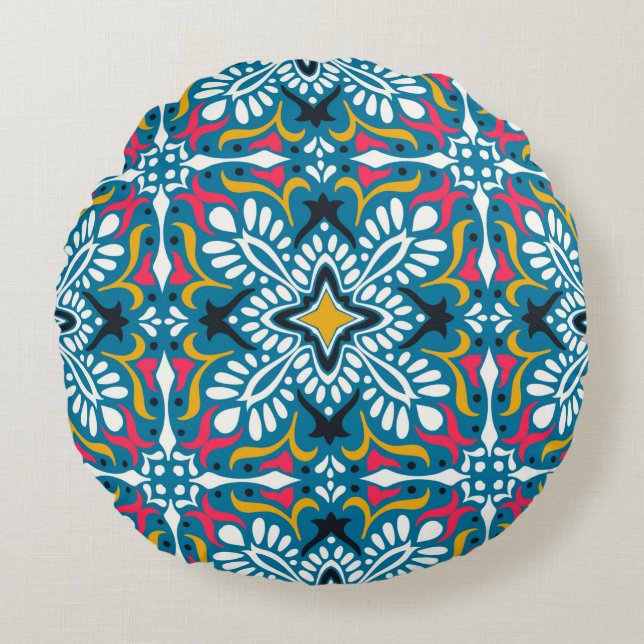 Talavera pattern. Indian patchwork. Azulejos portu Round Cushion (Front)