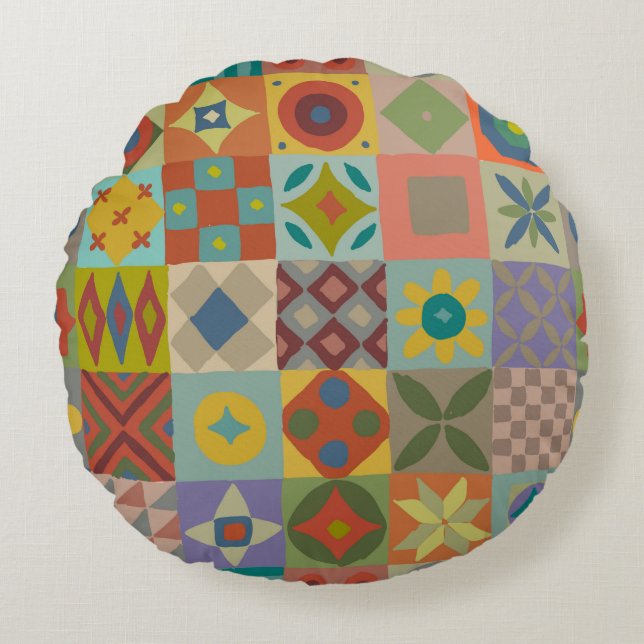 Talavera pattern. Indian patchwork. Turkish orname Round Cushion (Front)