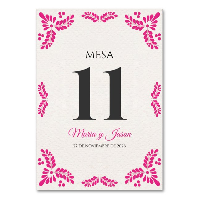 Talavera Pink Floral Minimalist Spanish Wedding Table Number (Front)