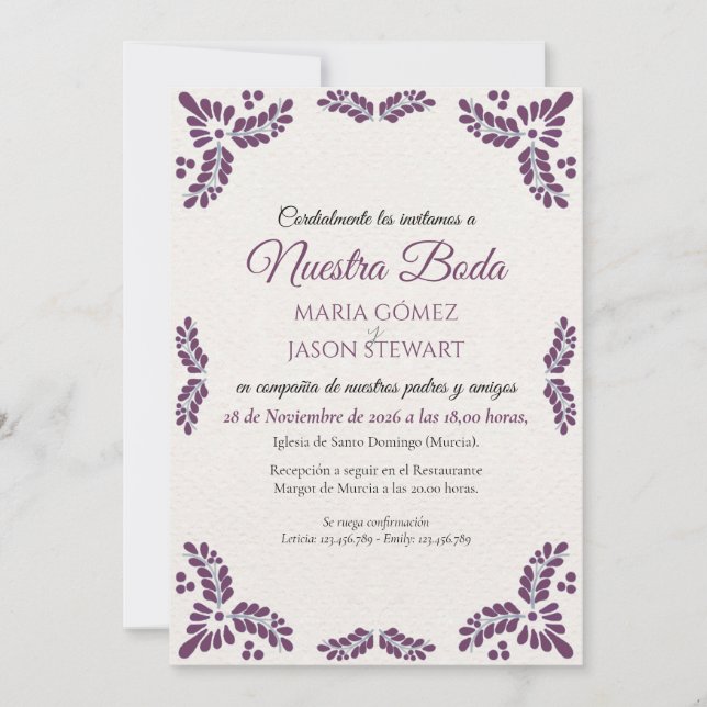 Talavera Purple Floral Minimalist Spanish Wedding Invitation (Front)