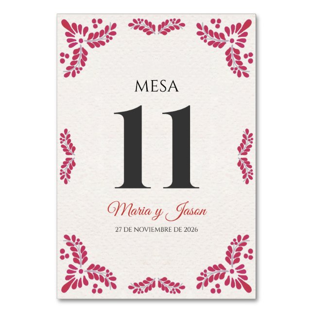 Talavera Red Floral Minimalist Spanish Wedding Table Number (Front)
