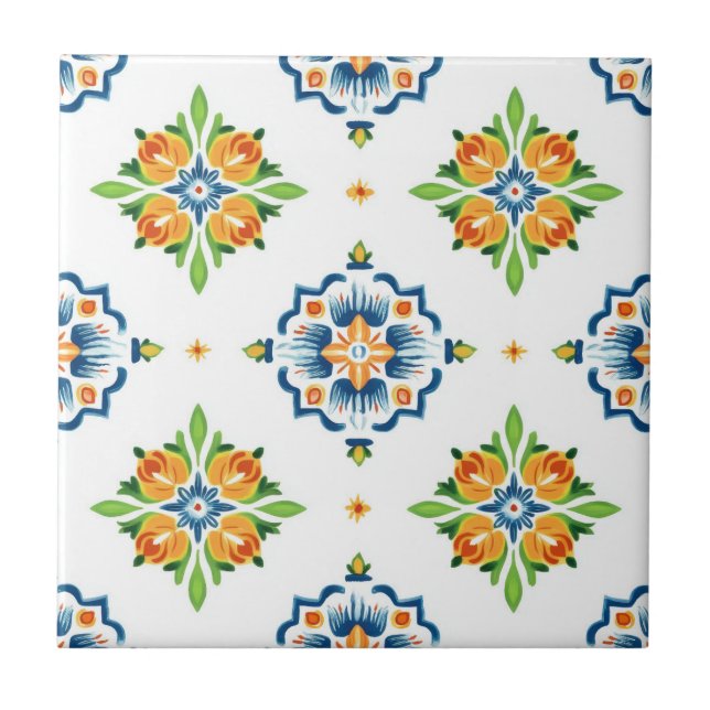 Talavera Seamless Blue Orange Green Mexican Spain Ceramic Tile (Front)