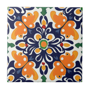 Talavera Seamless Blue Orange Mexican Spanish Ceramic Tile
