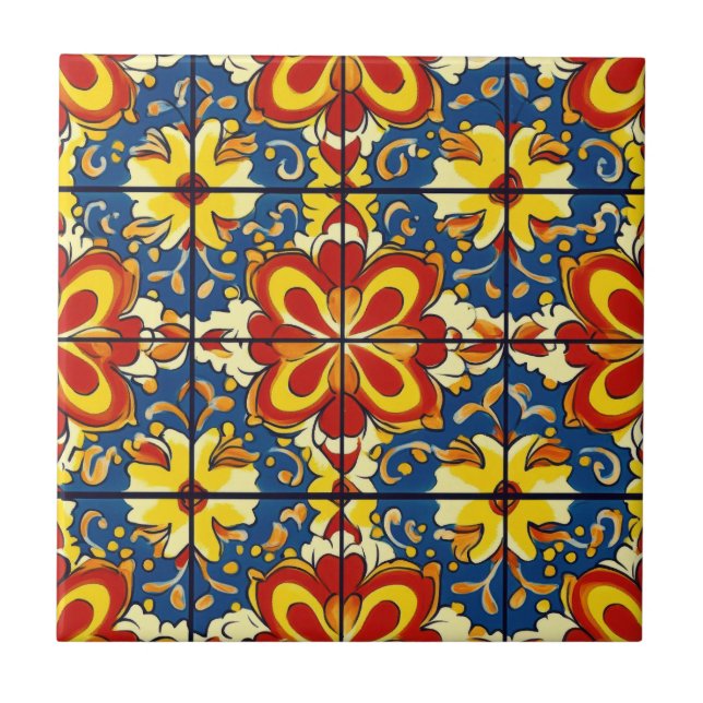 Talavera Seamless Blue Red Yellow Mexican Spanish Ceramic Tile (Front)