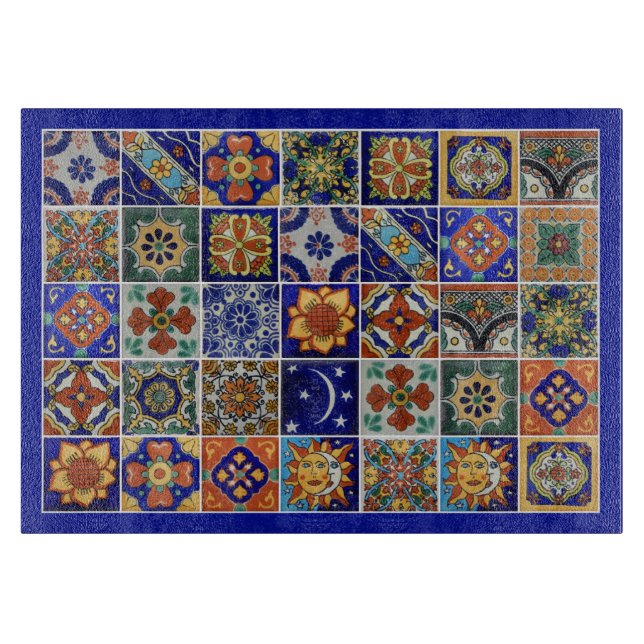 Talavera Tile Image Southwest Style Glass Cutting Board (Front)