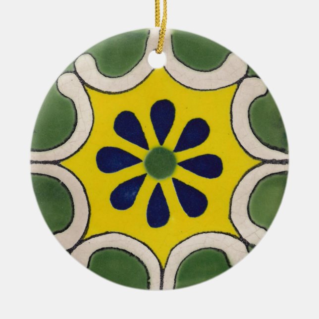 Talavera tile in green & yellow ceramic ornament (Front)