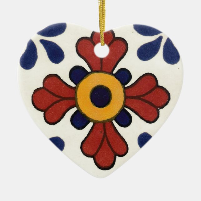 Talavera tile in red & blue ceramic ornament (Front)
