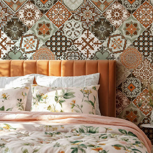 Talavera Tles Sage Green Orange Brown Wallpaper