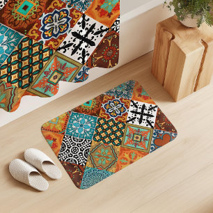 Talavera Tles Turquoise Teal Orange Black White Bath Mat