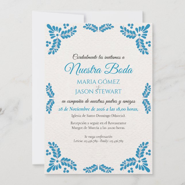 Talavera Turquoise Minimalist Spanish Wedding Invitation (Front)