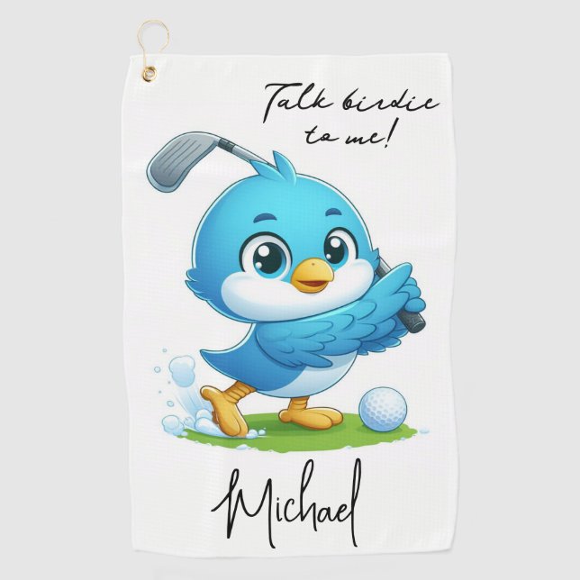 Talk birdie to me, Cute Bird Golfing Golf Towel (Front)