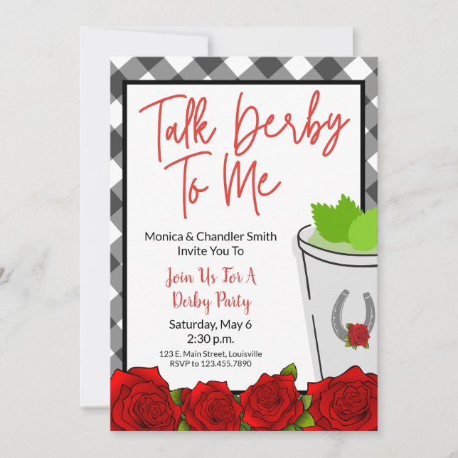 Talk Derby to Me Horse Racing Party Roses Plaid Invitation (Front)