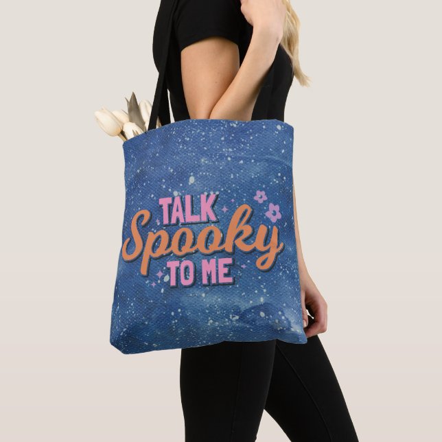Talk Spooky to Me Blue and White Halloween Tote Bag (Close Up)