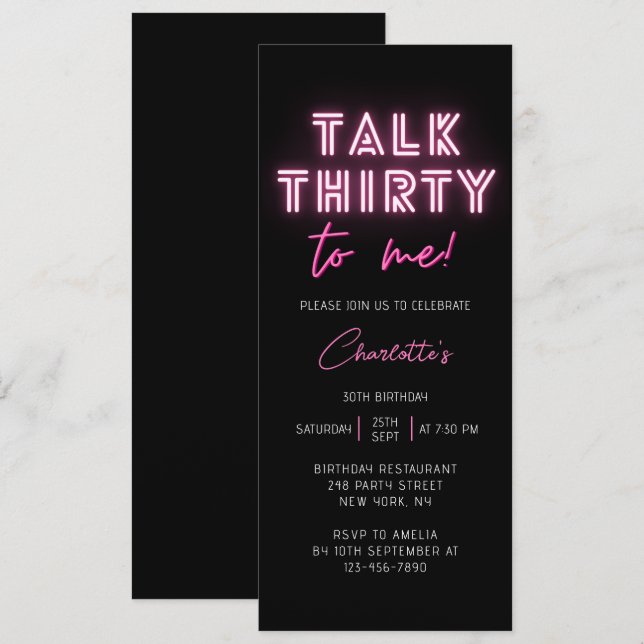 Talk THIRTY To Me 30th Birthday Party Neon Pink Invitation (Front/Back)