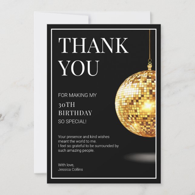 Talk Thirty to Me Black and Gold 30th Birthday Thank You Card (Front)