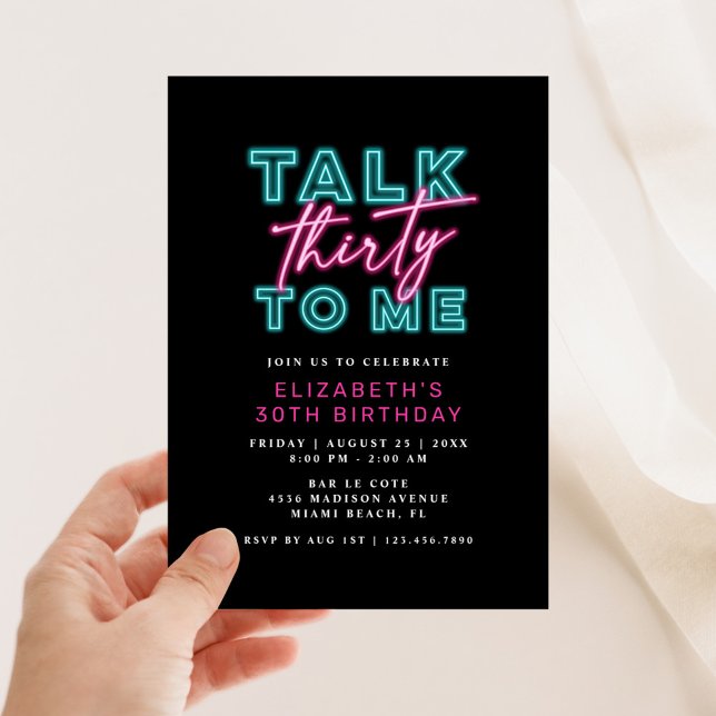 Talk Thirty To Me Dirty 30 Neon Blue & Pink Bday Invitation (Creator Uploaded)
