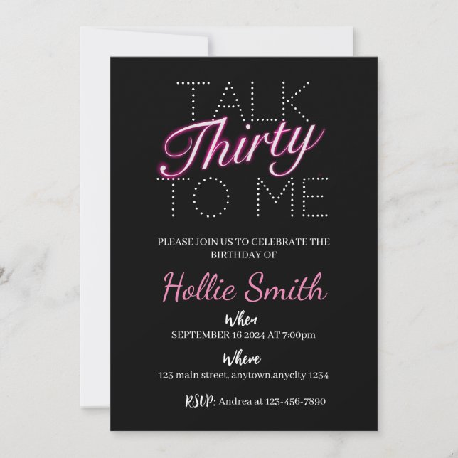 Talk thirty to me neon 30th birthday invitation (Front)