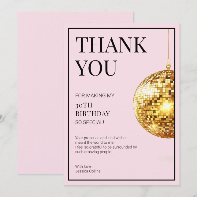 Talk Thirty to Me Pink and Gold 30th Birthday Thank You Card (Front/Back)