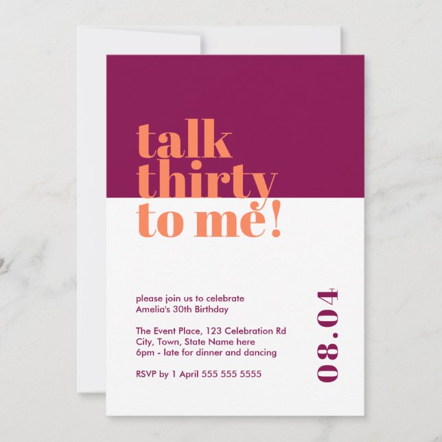 Talk Thirty to me Purple & Orange 30th Birthday Invitation (Front)