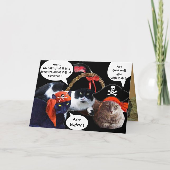 TALKING PIRATE CATS ,ANTIQUE PIRATES TREASURE MAPS CARD (Front)