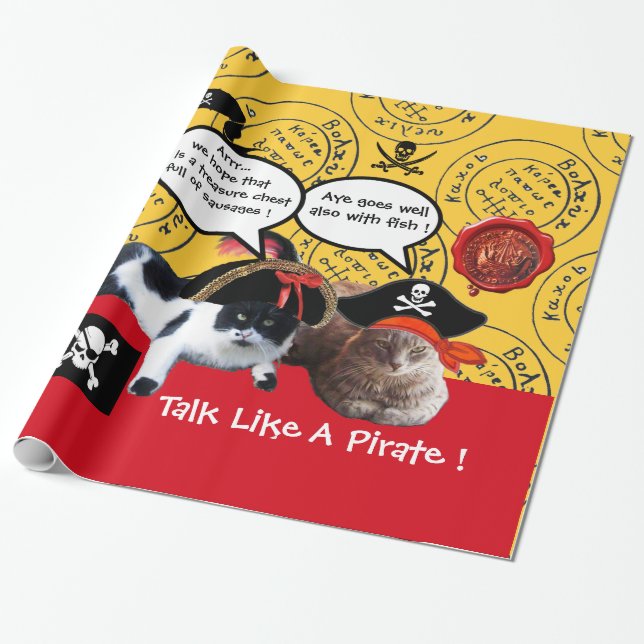 TALKING PIRATE CATS,ANTIQUE PIRATES TREASURE MAPS WRAPPING PAPER (Unrolled)
