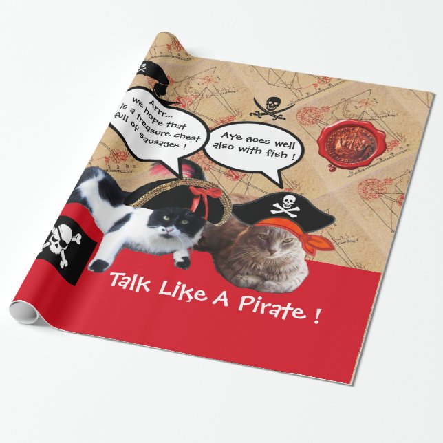 TALKING PIRATE CATS,ANTIQUE PIRATES TREASURE MAPS WRAPPING PAPER (Unrolled)