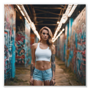 Tall Blonde Tattooed Girl in Denim Graffiti Tunnel Photo Print