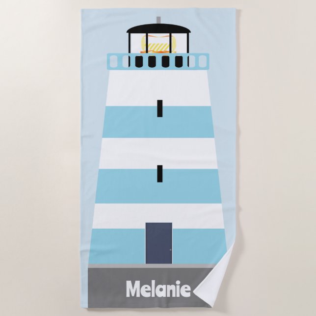 Tall Blue and White Lighthouse Personalised Beach Towel (Front)