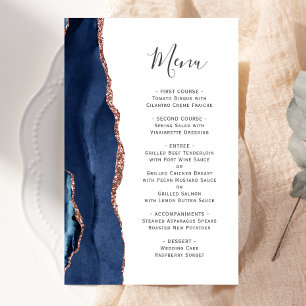 Tall Budget Agate Navy Blue Rose Gold Wedding Menu