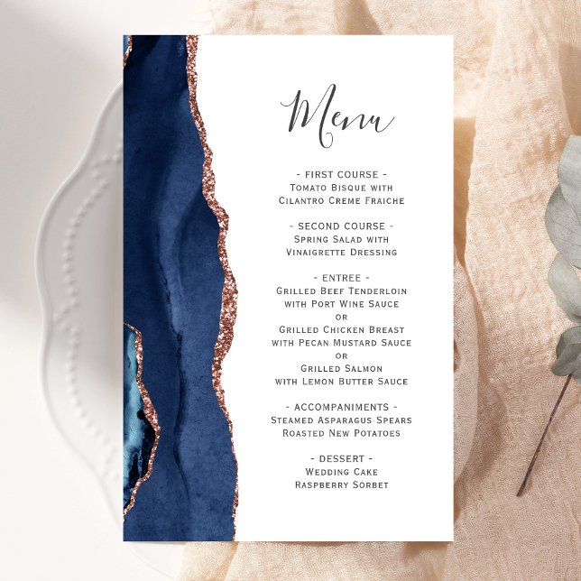 Tall Budget Agate Navy Blue Rose Gold Wedding Menu (Creator Uploaded)