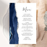 Tall Budget Agate Navy Blue Silver Wedding Menu<br><div class="desc">The left-hand edge of this elegant modern wedding menu features a navy blue watercolor agate border trimmed with faux silver glitter. The customisable text combines handwriting script and copperplate fonts in charcoal grey on a white background. The reverse side features a matching navy blue and silver agate design.</div>