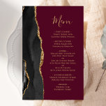 Tall Budget Black Gold Agate Burgundy Wedding Menu<br><div class="desc">The left-hand edge of this elegant modern wedding menu features a black watercolor agate border trimmed with faux gold glitter. The customisable text combines gold-coloured handwriting script and copperplate fonts on a burgundy red background. The reverse side features a matching black and gold agate design.</div>