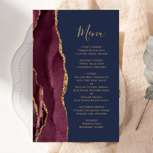 Tall Budget Burgundy Gold Agate Navy Wedding Menu