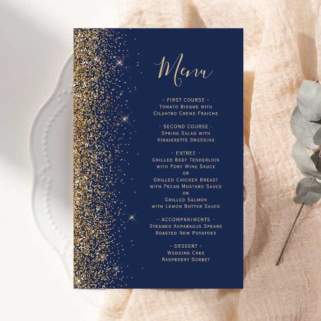 Tall Budget Navy Blue Gold Glitter Wedding Menu (Creator Uploaded)