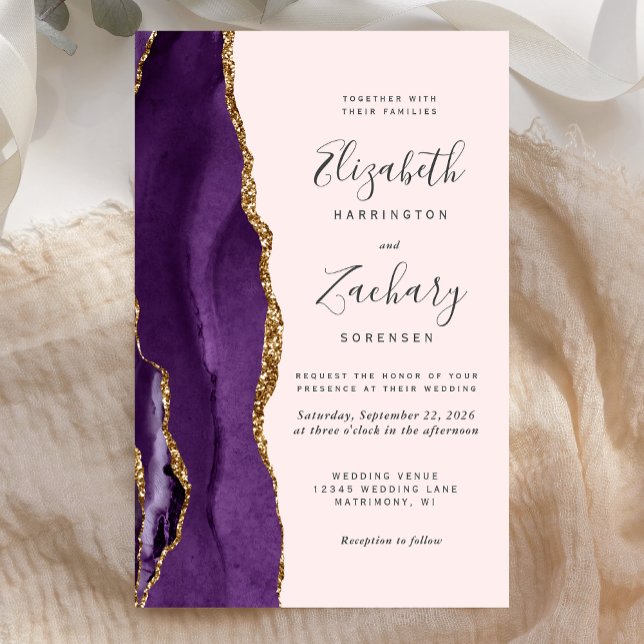 Tall Budget Purple Gold Agate Blush Wedding Invite (Creator Uploaded)