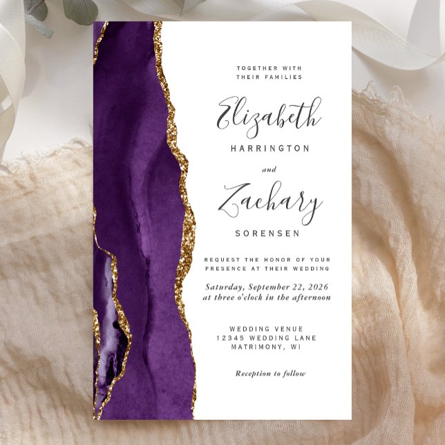 Tall Budget Purple Gold Agate Wedding Invite (Creator Uploaded)