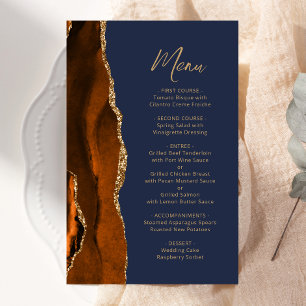 Tall Budget Rust Gold Agate Navy Wedding Menu